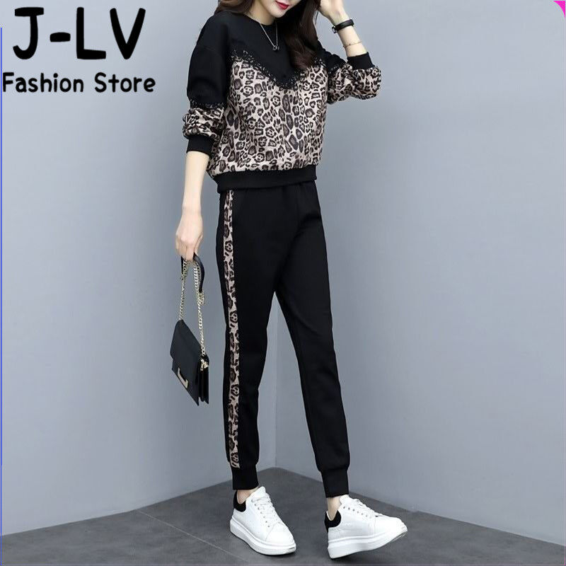 LOMOGI Bộ Quần Áo Thời Trang Nữ, Áo Hoodie Tay Dài, Có Túi Và Quần, Trang Phục Thể Thao Họa Tiết Da Báo, Thường Ngày