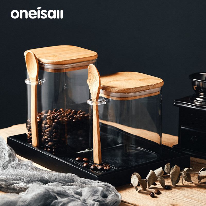 Oneisall hộp lưu trữ thực phẩm thủy tinh kín lưu trữ container với nắp tre & Muỗng Cà Phê Hộp nhà bếp hộ gia đình Jar