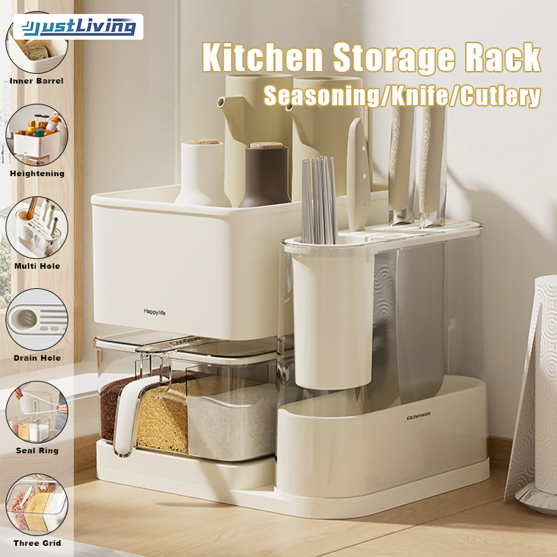 JustLiving Multi-functional Kitchen Storage Rack Plastic Countertop Chopsticks Spoon Spice Storage Shelf Household Kitchen Seasoning bottle Cutlery Rack Combination Set ราคา 592 บาท*ส่งฟรี