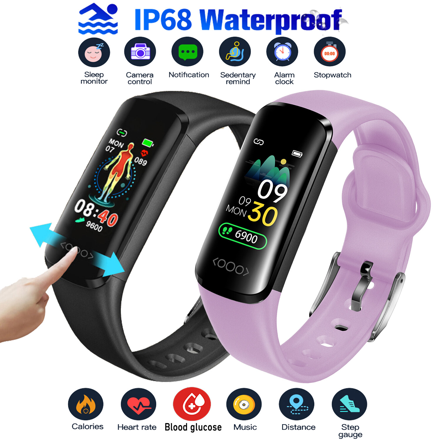Tk30 Đồng hồ thông minh đường đường huyết nhiệt độ cơ thể Heart Rate Đo Oxy Trong huyết áp giám sát smartwatch cho Nam Nữ Bluetooth IP68 Vòng đeo tay không thấm nước