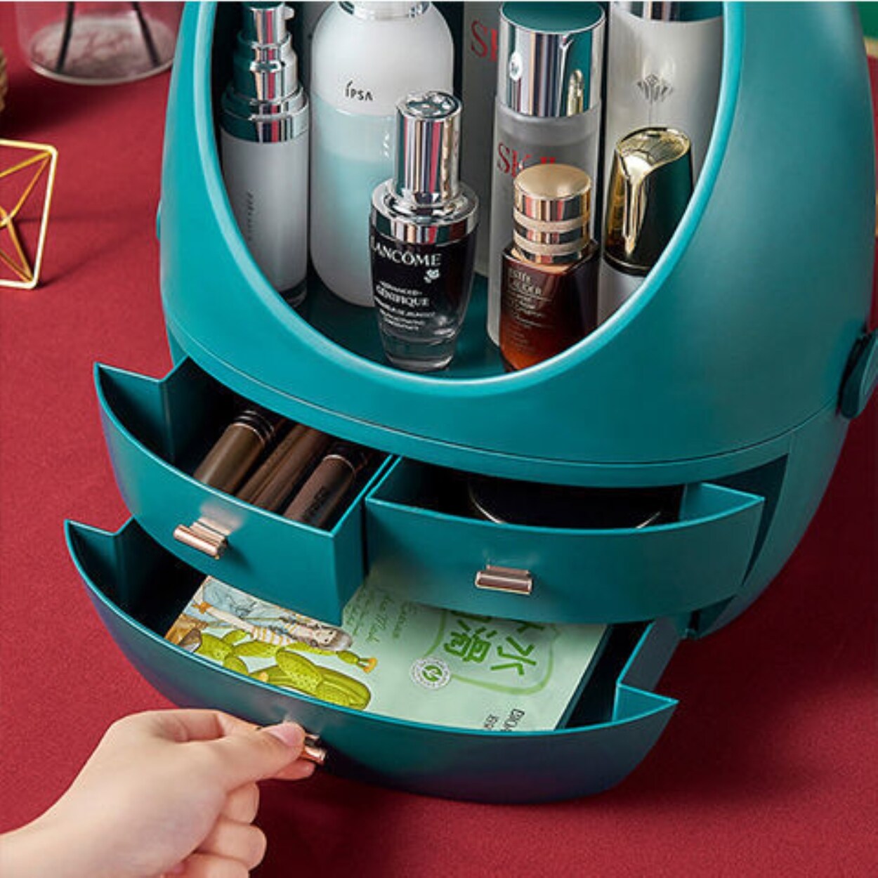 Hộp đựng mỹ phẩm màu đỏ lưới hộp mỹ phẩm có đèn led hộp đựng bụi để bàn di động loại ngăn kéo gương