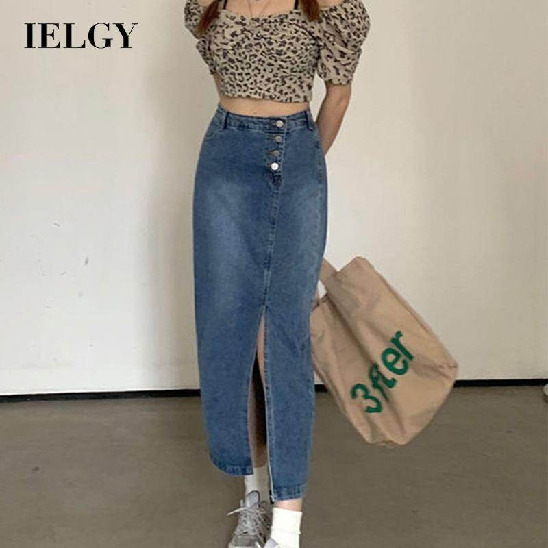 Ielgy chân váy denim xẻ eo cao chân váy midi chữ a dáng ôm dễ phối xu hướng đơn giản cho nữ