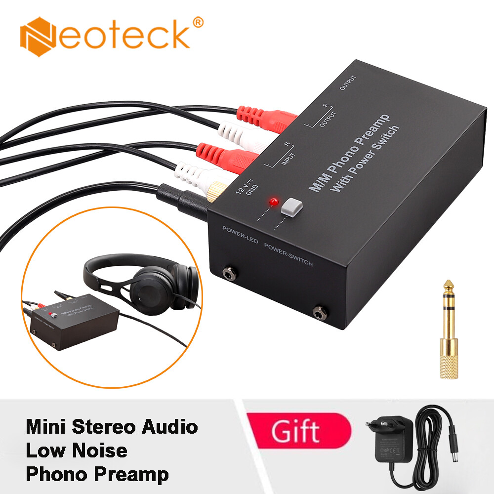 Neoteck bộ tiền khuếch đại phono, bộ tiền khuếch đại âm thanh nổi mini âm thanh tiếng ồn thấp mm với đầu vào rca, đầu ra rca, đầu ra trs 1/4 '', bộ chuyển đổi 3.5mm, bộ đổi nguồn dc 12v được chứng nhận