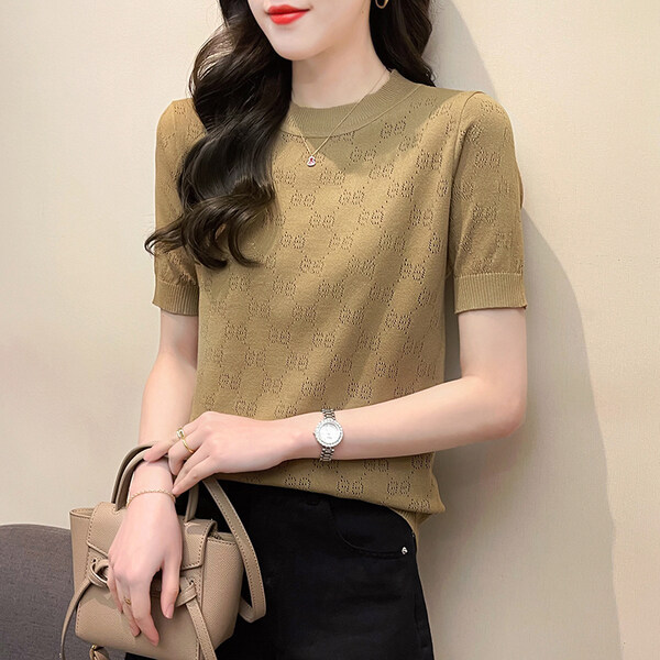 LUCKIN STORE Women's Short Sleeve T-shirt Round Neck Hollow Ice Silk Sweater Loose Summer Tops Summer Blouse