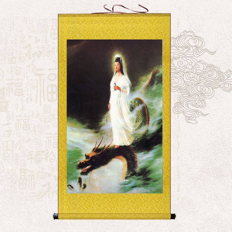 Tranh treo chân dung phật quan âm cưỡi rồng tranh treo hình đầu rồng phật quan âm bồ tát tranh trang trí phòng khách tranh cuộn