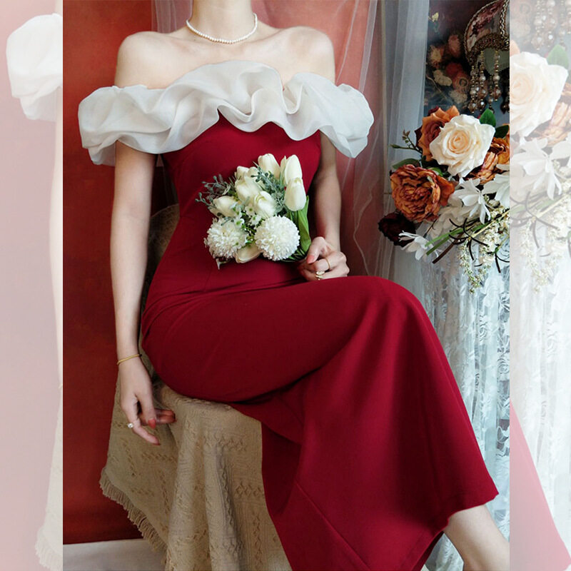 Glary Đầm Dạ Hội Cổ Điển Kiểu Pháp Ngôi Sao Đầm Đỏ Đầm Nữ Cá Tính Nối Mảnh Váy Dài