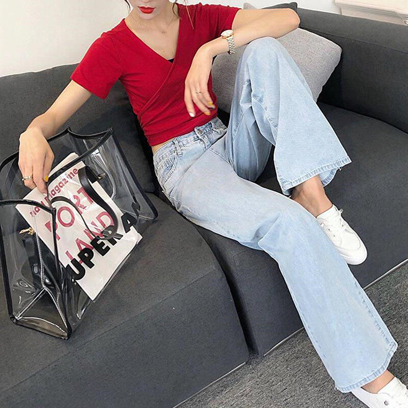Quần Jeans Dáng Rộng Cho Nữ, Quần Denim Cạp Cao Ống Đứng Thời Trang Cỡ Lớn Mặc Thường Ngày Màu Xanh Dương Nhạt