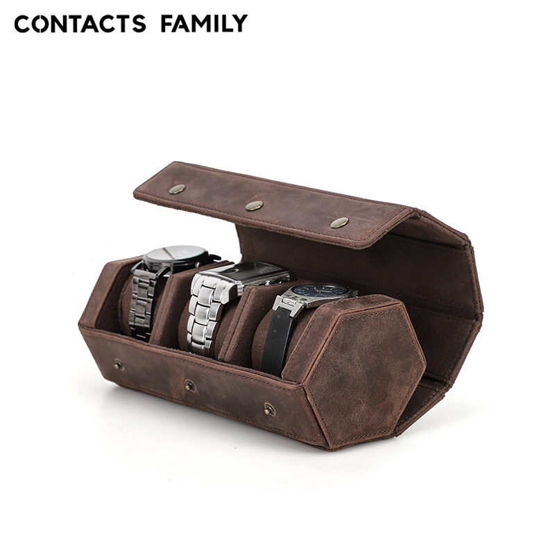 CONTACTS FAMILY 3 Slot Watch Roll Case Leather Watch Boxes Storage
