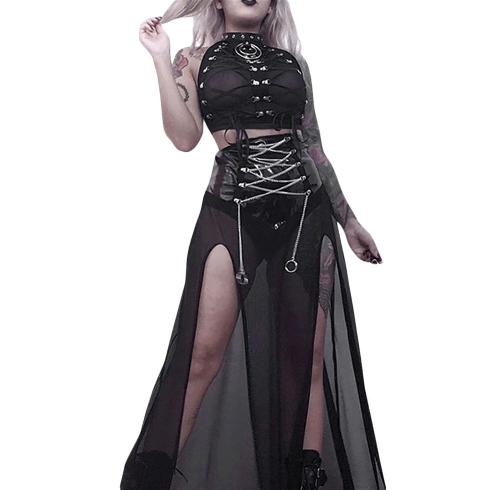 Soul dancing chân váy dài gothic thời trang cho nữ chân váy lưới dây xích chéo xuyên thấu chân váy xẻ tà cao bên hông phong cách tối màu mùa hè