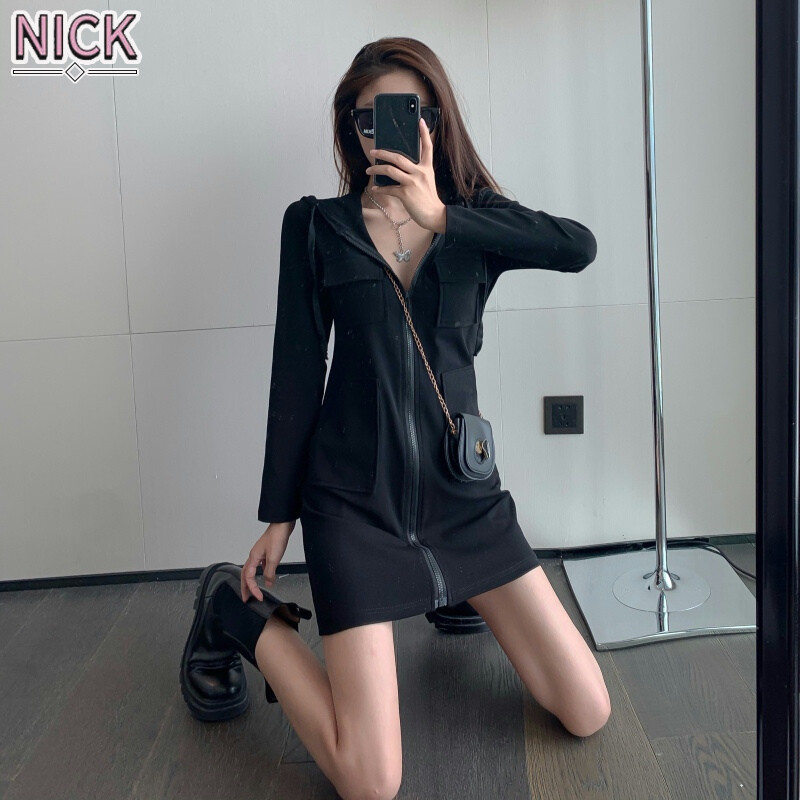 Nick đầm dài tay đầm ngắn có mũ khóa kéo cho nữ