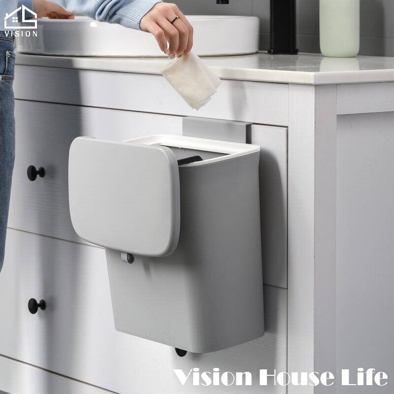 Vision Wall Mounted Trash Can Nordic Sliding Cover Dustbin Kitchen Garbage Can with Cover 9L Large Capacity Trash Can Toilet Bedroom Living Room Creative Trash Can ราคา 504 บาท*ส่งฟรี