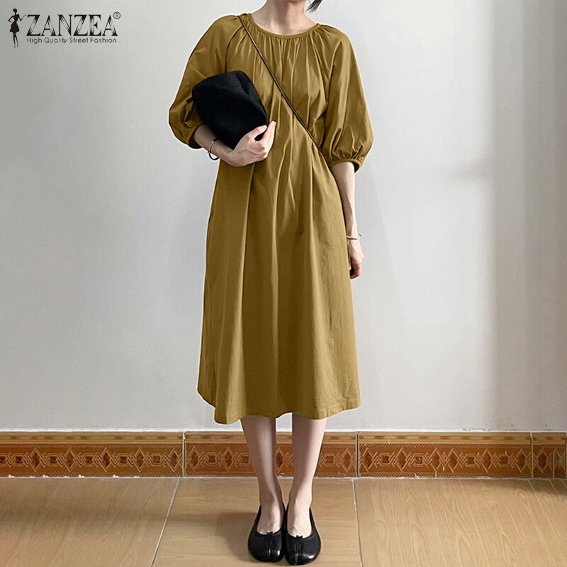 Zanzea đầm midi cổ tròn đi làm thoải mái cho nữ đầm xòe cotton xếp ly tay lửng đơn giản #8