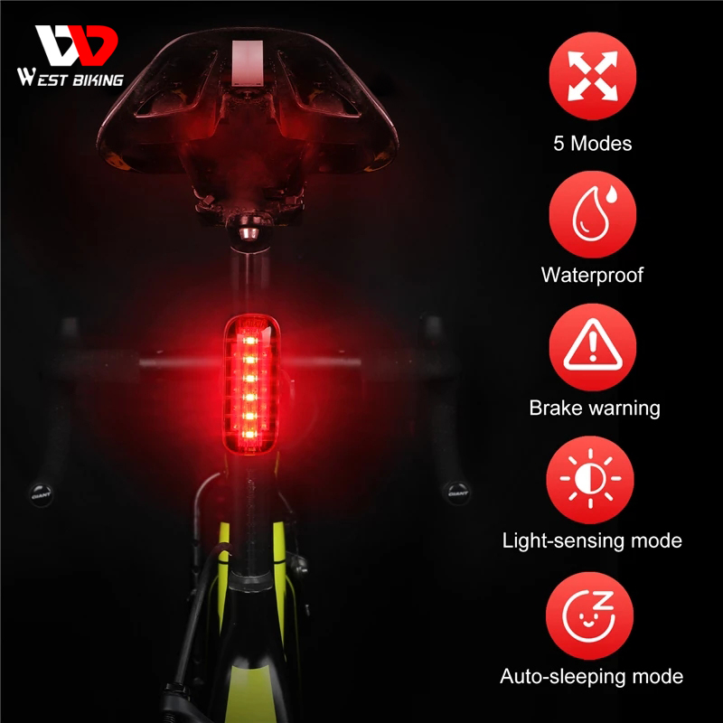 West Biking Smart Brake Sensing Cycling Light Waterproof Led