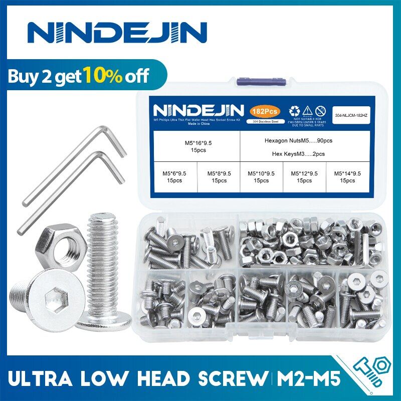 Ninejin cực thấp Hồ Sơ ốc vít đầu Bộ M2 M2 M2, 5 M3 M4 M5 Thép Không Gỉ măng sông lục giác Phẳng Mỏng Wafer ốc vít đầu S Với Các Loại Hạt Kit