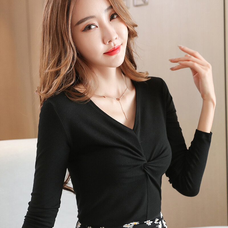 Áo thun nữ tay dài cổ chữ v áo thun vải gân áo mặc trong 95% cotton