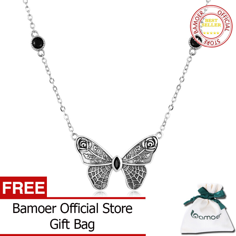 Bamoer vòng cổ hình bướm lớn đá quý tối màu cổ điển bằng bạc cho nữ trang sức bạc ý 925 vòng cổ choker quà tặng halloween tiệc tùng quả cầu bsn235