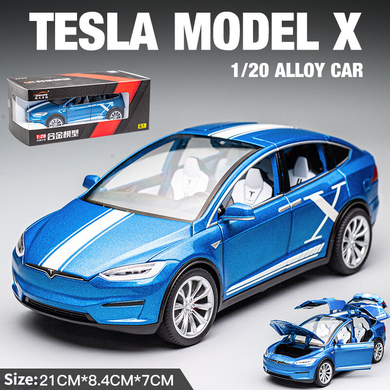 WJ 1 20 Tesla model X alloy car model sound and light metal pull back toy