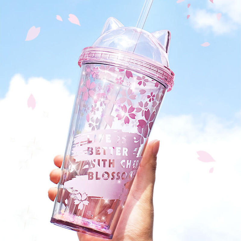 Cute Cat Straw Water Bottle 420ML Portable Juice Milk Drink Cup Double Layer Anti-scald Coffee Tea Mug PS BPA Free Beverage Container Straw Drinking Tools Pretty Cherry Blossoms Pattern Sport Water Kettle Home Office School Use