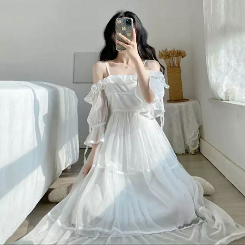 Váy trắng dự tiệc - Đầm trắng dài trễ vai công chúa hai lớp PM