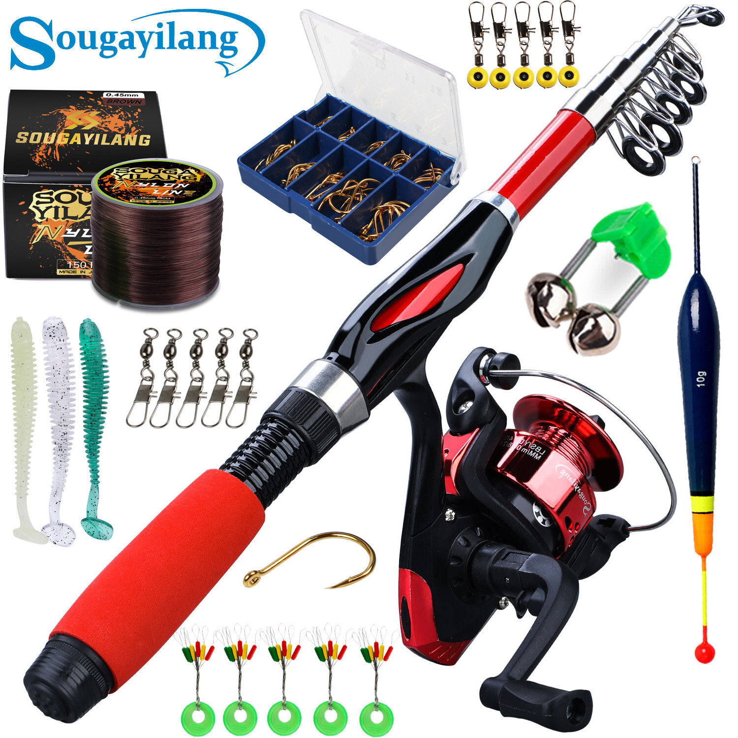 Sougayilang bộ hoàn chỉnh cần câu cá cần câu cá 1m/1.5m và cần câu tỉ số truyền động 5.2:1 với dây câu nylon 150m và phụ kiện câu cá bộ dụng cụ câu cá cho người mới tập đi trẻ em