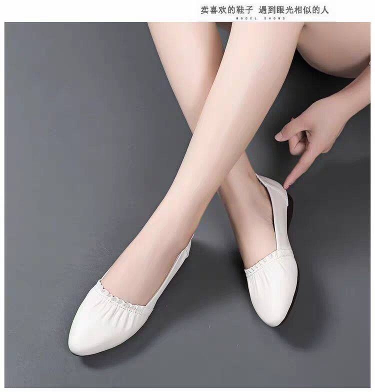 wtMei korean wedge leather mother shoes Women's Soft Bottom Shallow Mouth White Leather Shoes Soft Leather Pointed Flat Shoes