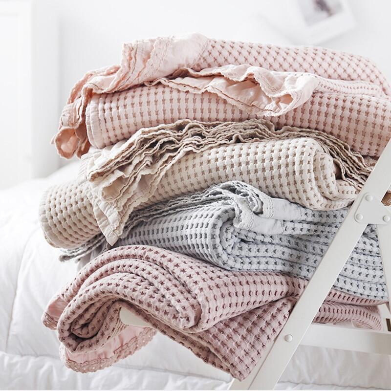 100% Cotton Soft Bed Plaid Home Japenese Knitted Blanket Corn Grain Waffle Embossed Summer Ruffles Warm Plaid Throw Bedspread ราคา 572 บาท*ส่งฟรี