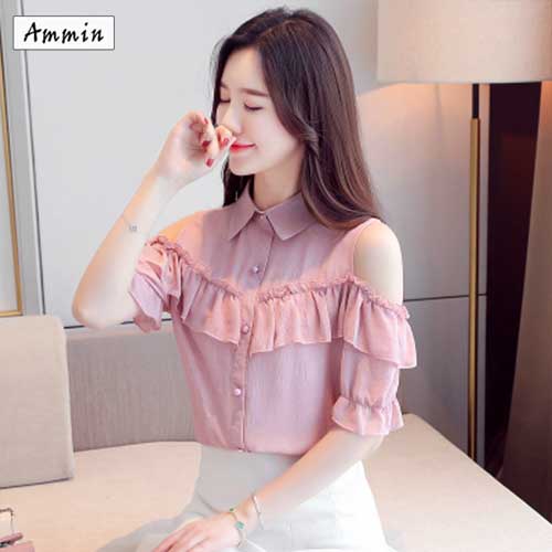 Áo sơ mi voan nữ hở vai ammin, áo ngắn tay, dáng rộng, phong cách Hàn Quốc, áo cánh thời trang, hở vai