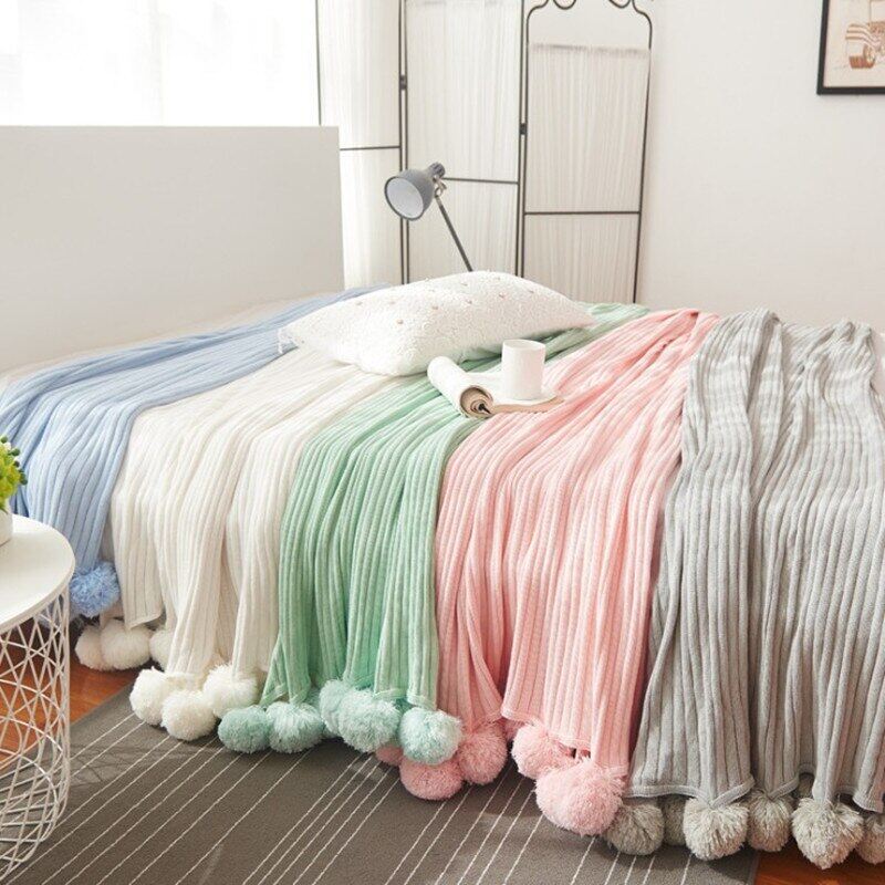 CIFbuy 100% cotton high quality throw stripe knit blanket with ball white, gray, pink, green blanket for sofa air conditioning blanket ราคา 562 บาท*ส่งฟรี