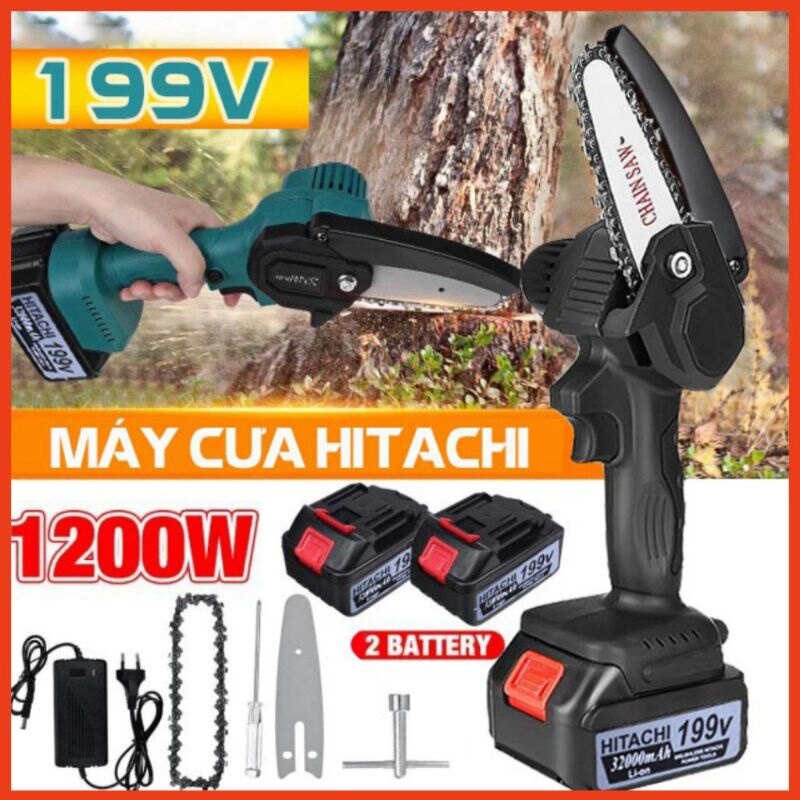 Máy cưa xích pin hitachi 199v, 2 pin chuẩn 10 cell full phụ kiện