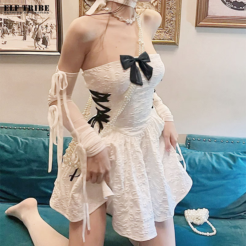 Elf tribe áo nịt ngực nữ váy quây đầm quây mini váy ống hở vai thắt nơ thời trang hợp thời trang