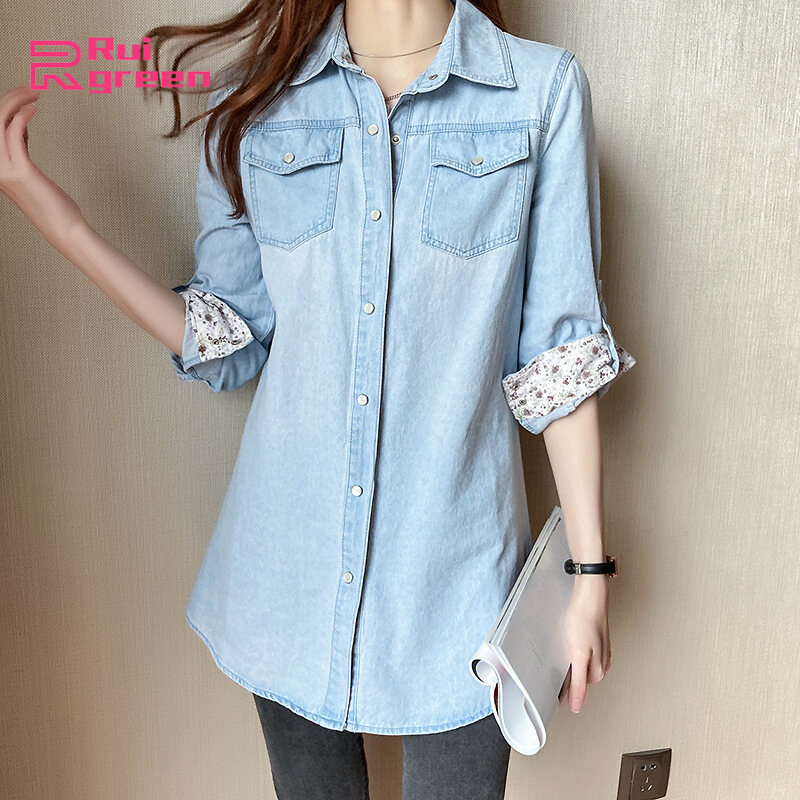 Áo Sơ Mi Denim Nữ Áo Cardigan Một Hàng Khuy Có Ve Áo Dài Tay Áo Cánh Rộng Áo Khoác Cỡ Lớn Dài Vừa Màu Sắc: Xanh Nhạt Kích Thước: S