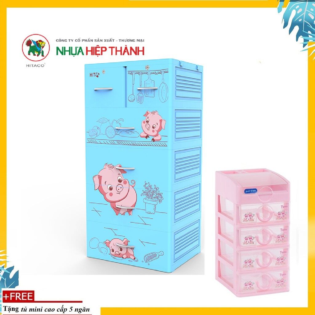 [HCM]Tủ nhựa Hiệp Thành Hita 5 ngăn xnh dương heo con cao cấp -Tặng tủ mini 5 tầng