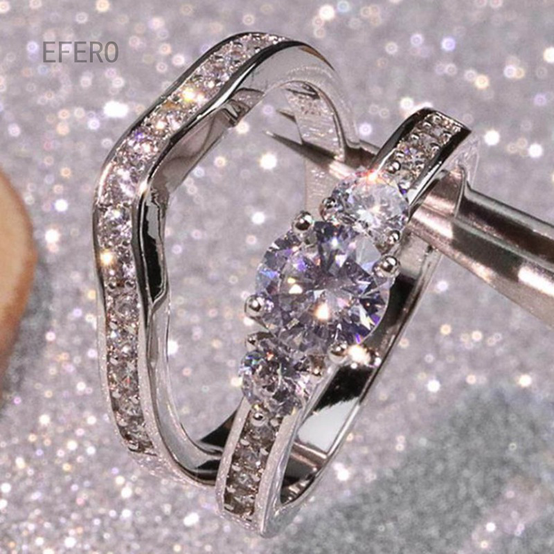 Thời trang womenand #39; s 2pcs nhẫn set 925 bạc nhẫn kim cương cô dâu engagement cưới nhẫn anniversary nhẫn quà tặng đồ trang sức