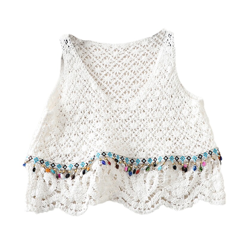 Áo ba lỗ không tay đan móc boho cho nữ áo hai dây hoa đan khoét lỗ cổ chữ v áo ba lỗ đi biển tua rua đính cườm nhiều màu sắc cổ điển
