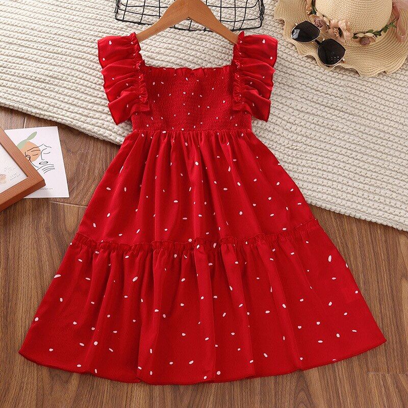 Girls Dot Red Dress Summer 4-11Y Young Children Square Collar Casual Clothing Kids Knee Length Short Sleeve Princess Dresses New ราคา  681 บาท*ส่งฟรี