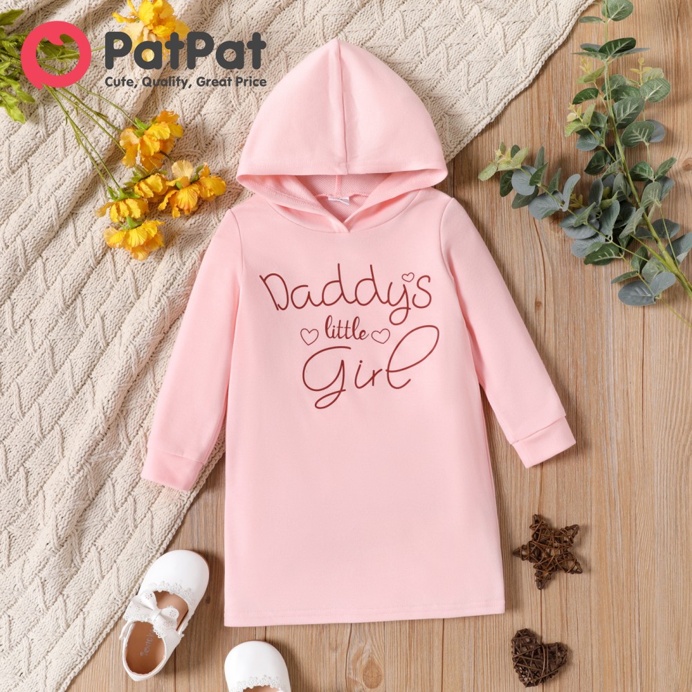 PatPat Toddler Girl Letter Print Solid Color Hooded Sweatshirt Dress
