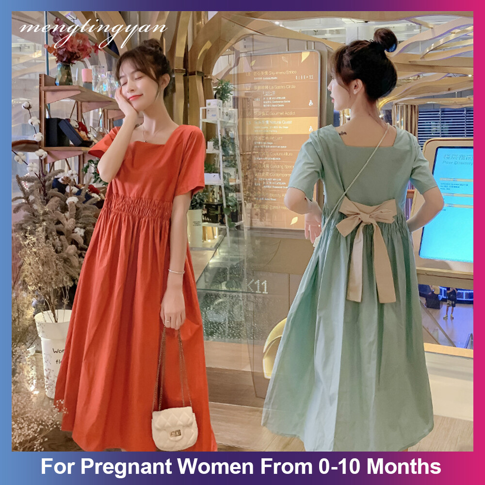 [SALE] Đầm bà bầu Mengtingyan dài qua gối dáng rộng thắt nơ phía sau thời trang mùa hè thanh lịch - INTL