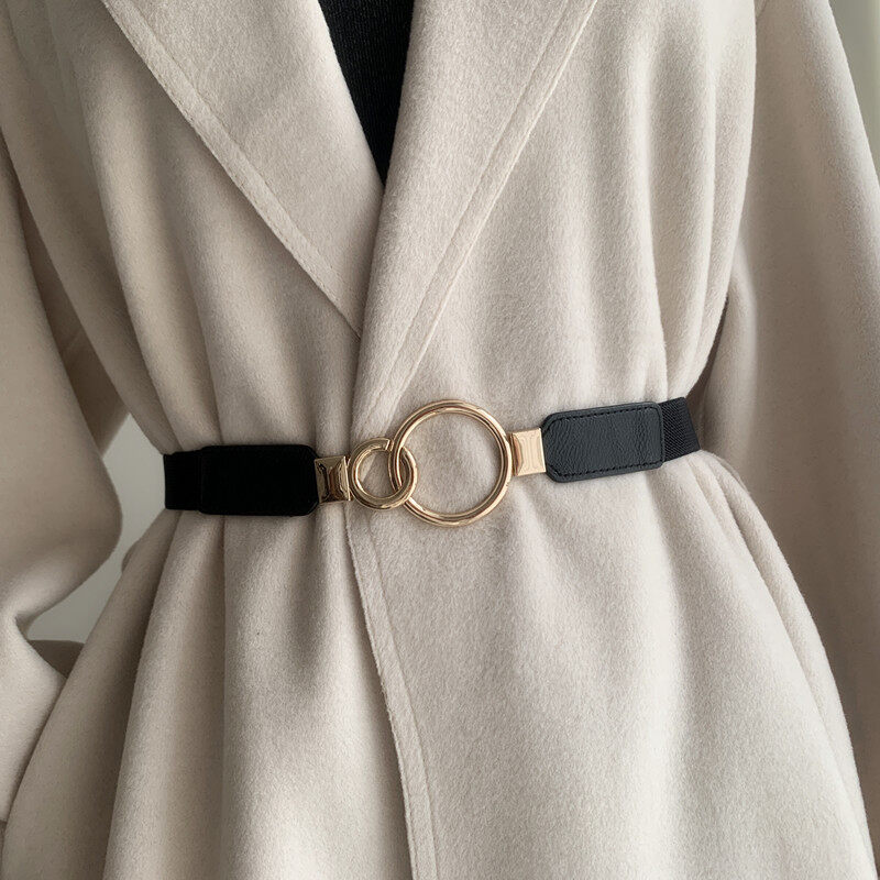 Thắt lưng khóa vòng tròn kim loại kép thời trang cho nữ thắt lưng mỏng co giãn bằng da pu cho nữ thắt lưng áo khoác dây đeo nữ