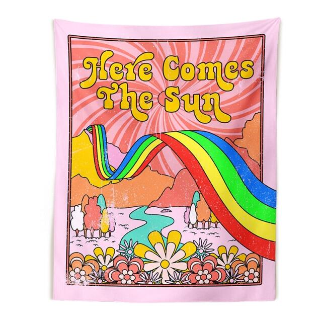 70s Here Comes The Sun Wall Art Tapestry Wall Hanging Retro Rainbow Sun