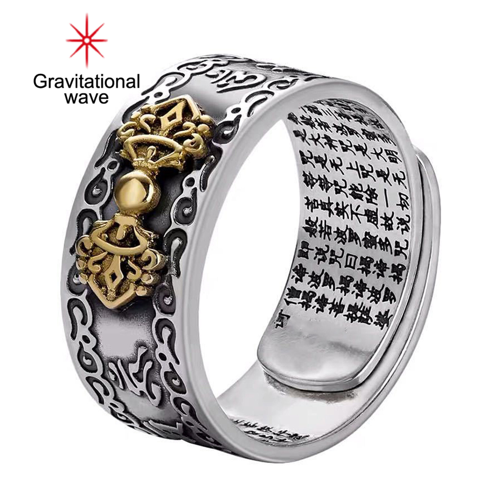 Gravitational Wave men Ring Vintage khắc thần chú Kinh Thánh có thể điều chỉnh mang lại may mắn sự giàu có món quà sinh nhật Nam Trung Quốc phong thủy Pixiu Nhẫn đeo ngón tay trang sức kiểu cổ