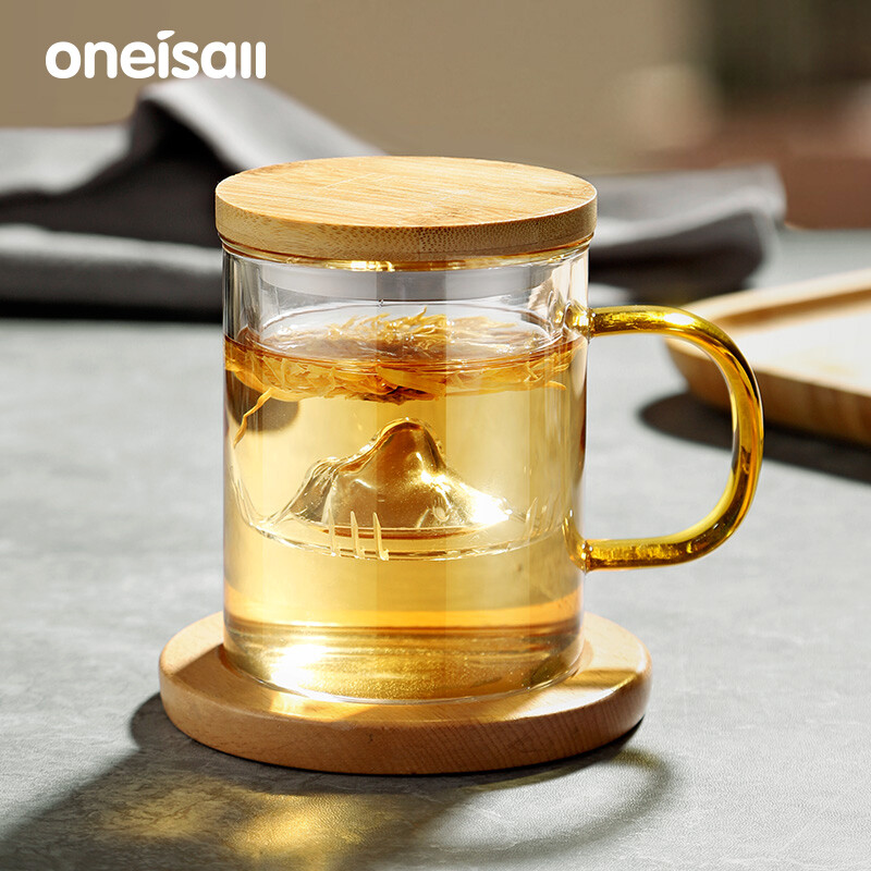 ONEISALL Bộ Ấm Trà Thủy Tinh Cốc Pha Trà Có Nắp Gỗ & Tay Cầm Vàng Bộ Ấm Trà Pha Trà Gia Dụng & Văn Phòng 350Ml/500Ml