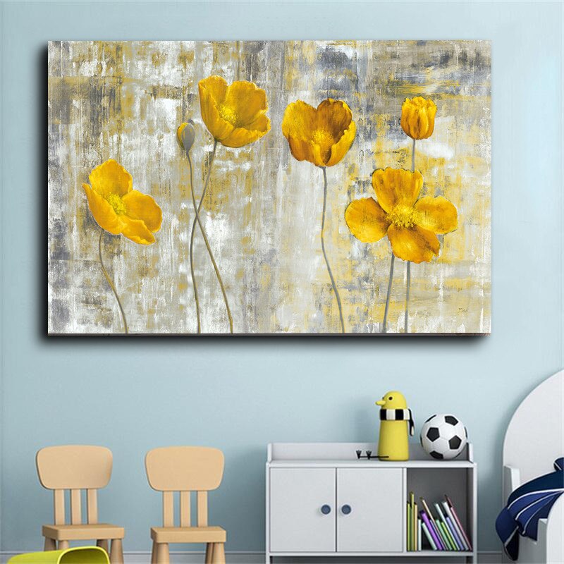 Abstract Yellow Flowers Canvas Painting Wall Art for Living Room Decor Nordic Style Modern Home Decorative Picture Posters 1PCS Wooden Inner Framed or Frameless (or Black Aluminum Alloy Framed)