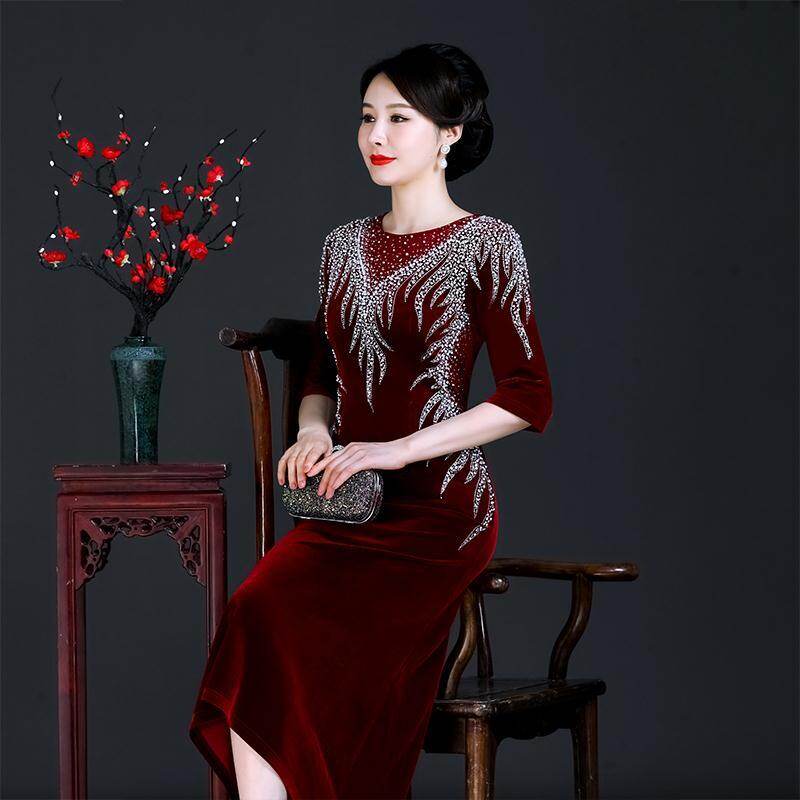 Đầm dạ hội dự tiệc độ nét cao mùa thu đầm dài sườn xám nhung dự tiệc đám cưới quý phái đầm mới 2022