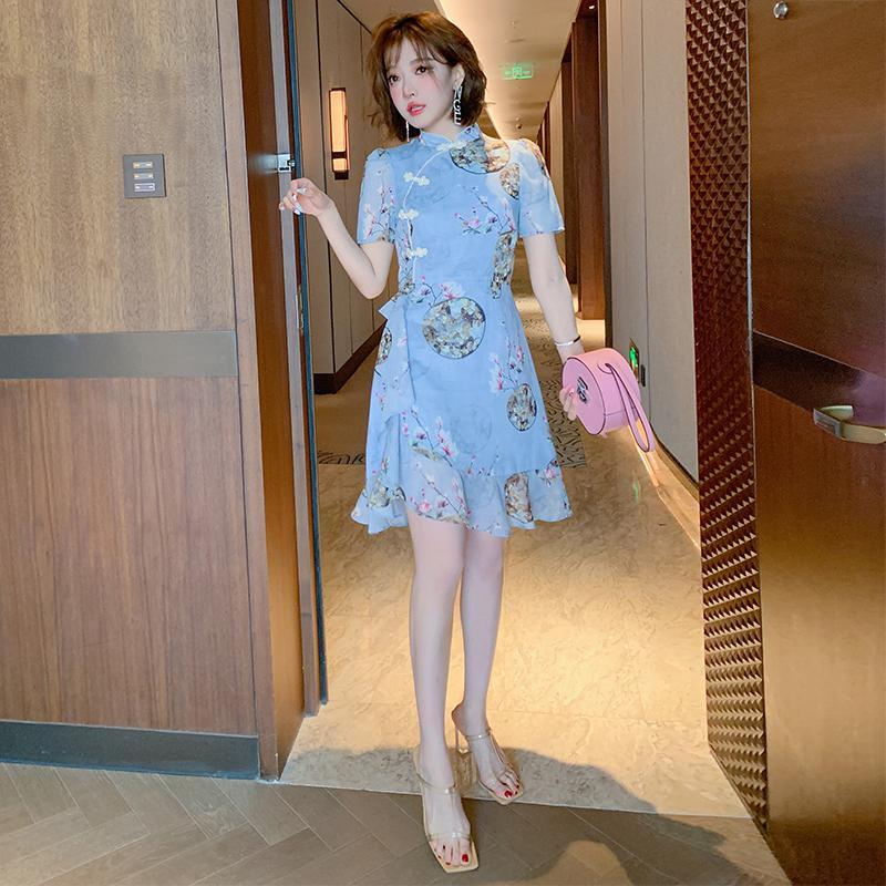 Đầm xếp ly xẻ tà cổ đứng in họa tiết cổ điển thời trang phong cách trung quốc mùa hè 2023 cho nữ phong cách mới