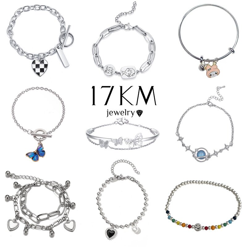 17KM Fashion Silver Titanium Bracelet for Women Cute Pearl Beads Bow Heart Bangle Chain Jewelry Accessories