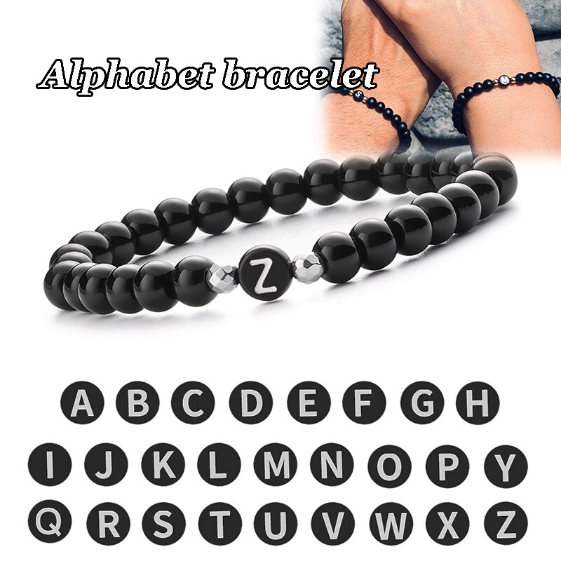 【PrettySet】Black Frosted Stone 26 Letters Bead Name Bracelet Unisex Couple Love Friendship Lucky Diy Bracelets Adjustable Bangle