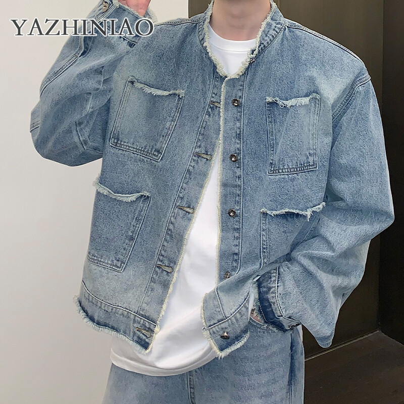 YAZHINIAO Áo khoác ngắn thường ngày cho nam Áo khoác denim cổ điển