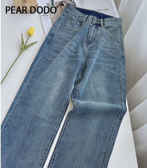 PEAR DODO phong cách Hàn Quốc rộng vừa vặn ống thẳng cao eo quần denim Quần Legging rộng cho phụ nữ