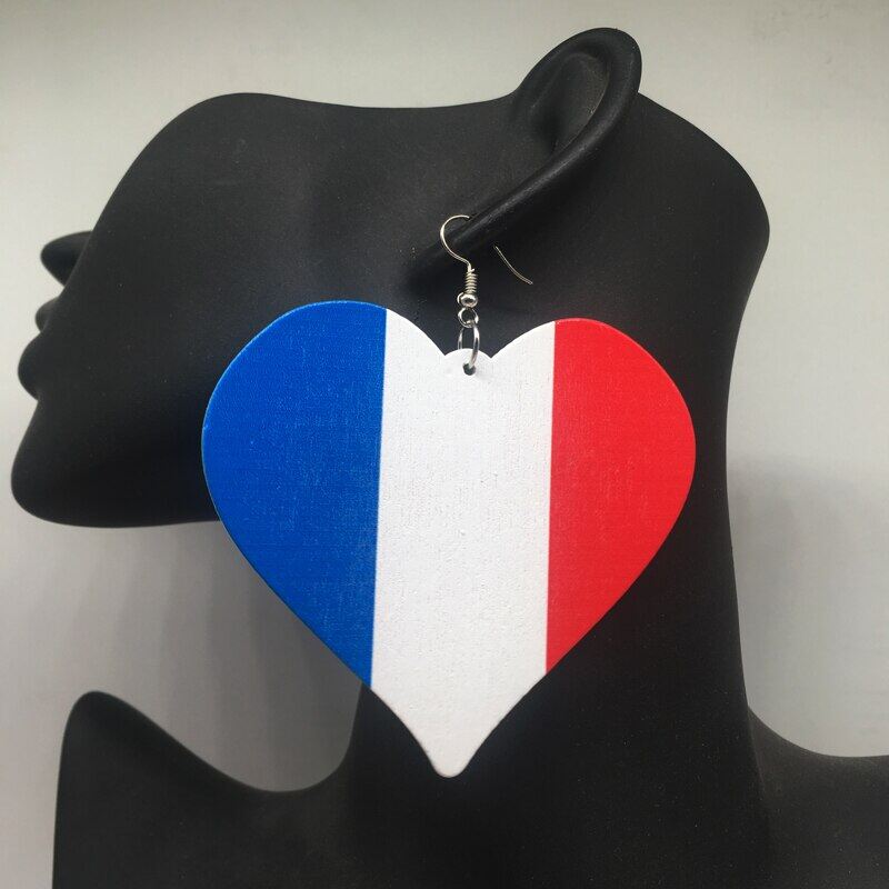 1pairfrance cờ Bông tai gỗ trái tim