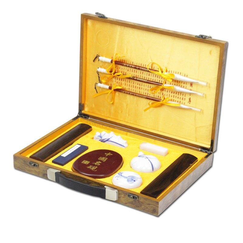 Văn phòng tứ bảo luyện viết thư pháp bao gồm bút lông thư pháp, triện đá trơn, gác bút, mực tàu thư pháp, mực đỏ chu sa